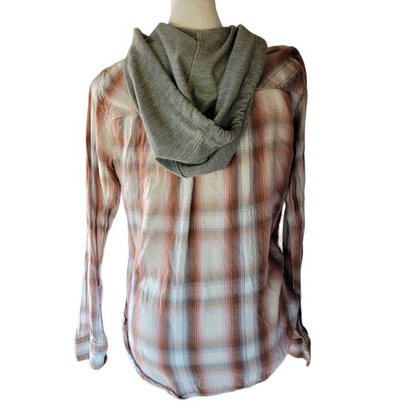 Mudd Womens Plaid Button Hoodie XS Rust Pink Gray Lightweight Cotton Modal - Picture 2 of 10